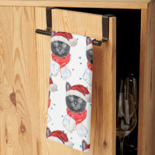 Christmas Black Cat with Red Scarf Kitchen Towel