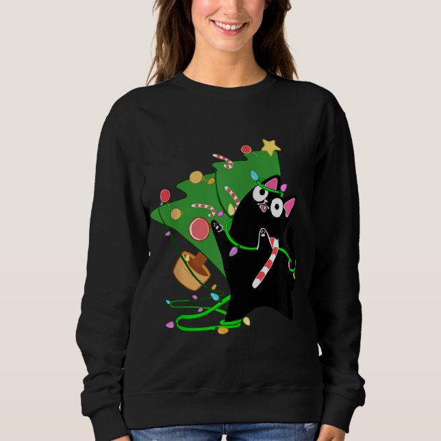 Christmas Black Cat Zoomies knock over xmas tree k Sweatshirt (Front)