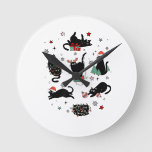 Christmas Black Cats Round Clock