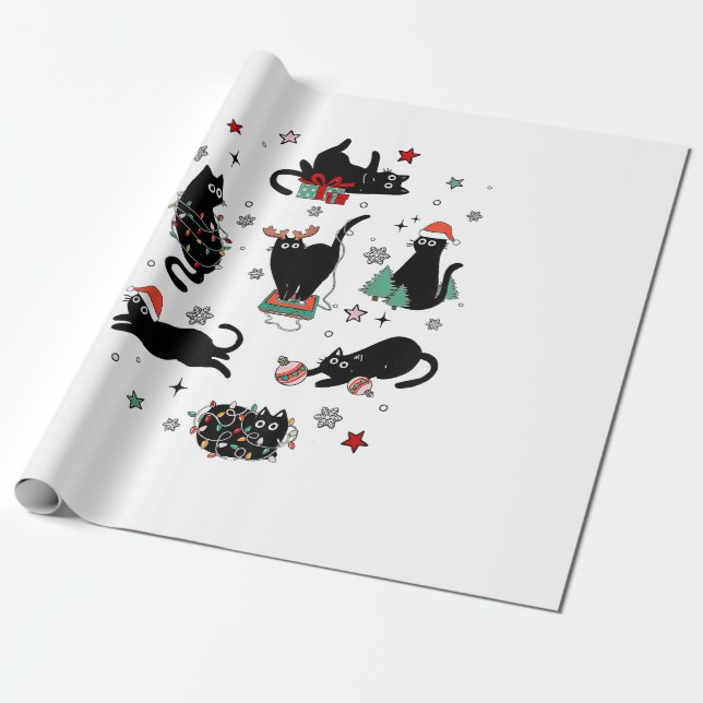 Christmas Black Cats Wrapping Paper (Unrolled)