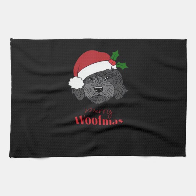 Christmas Black Cockapoo, Cavapoo, Cavoodle, Merry Kitchen Towel (Horizontal)