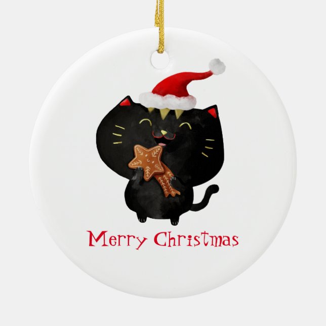 Christmas Black Cute Cat Ceramic Ornament (Back)