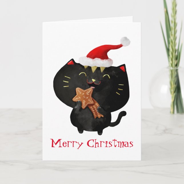 Christmas Black Cute Cat Holiday Card (Front)