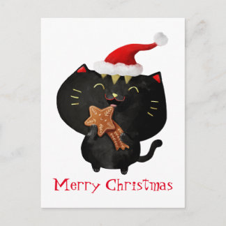 Christmas Black Cute Cat Holiday Postcard