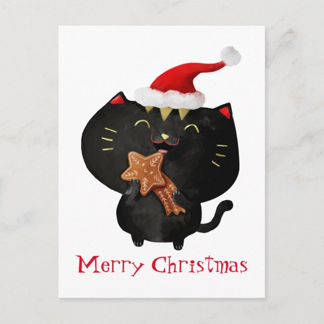Christmas Black Cute Cat Holiday Postcard (Front)