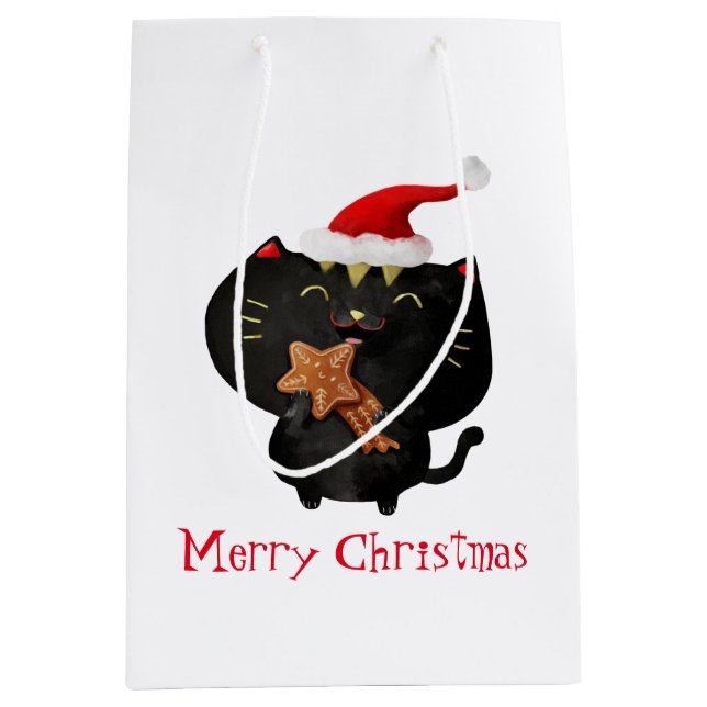 Christmas Black Cute Cat Medium Gift Bag (Front)