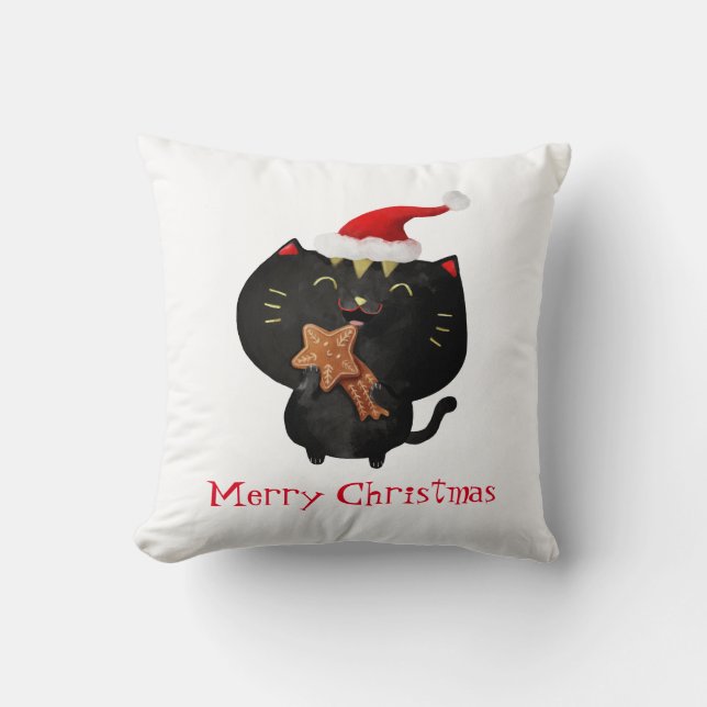 Christmas Black Cute Cat Throw Pillow (Front)