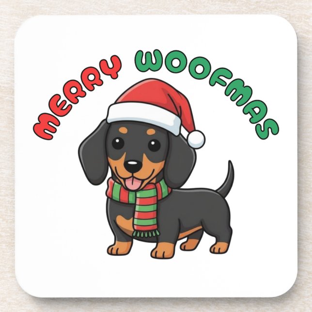 Christmas Black Dachshund Coaster: Merry Woofmas Beverage Coaster (Front)