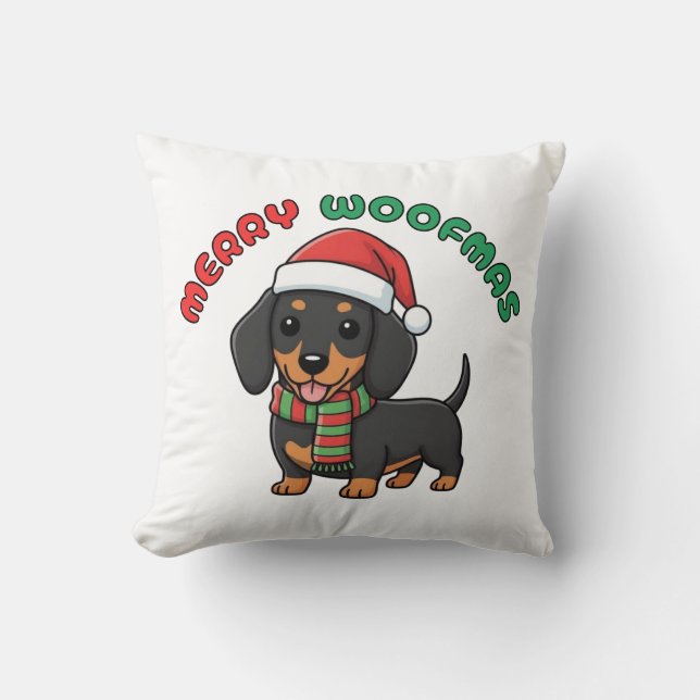 Christmas Black Dachshund Pillow: Merry Woofmas Throw Pillow (Front)