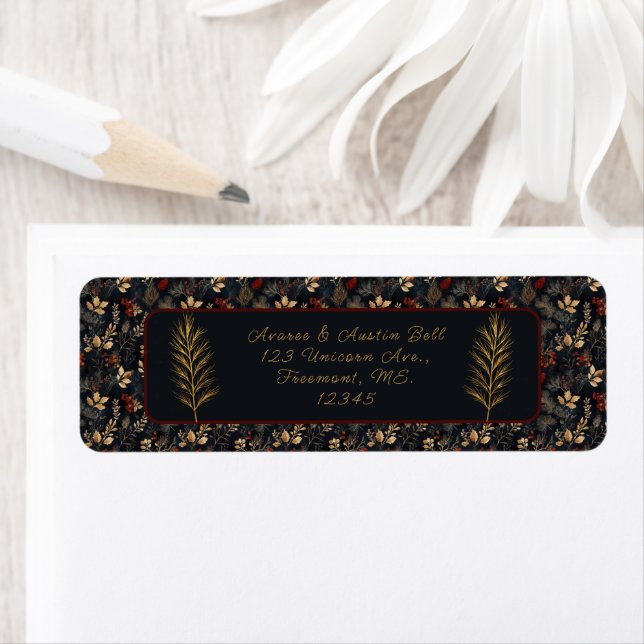 Christmas Black Floral Background Gold Branch Label (Insitu)