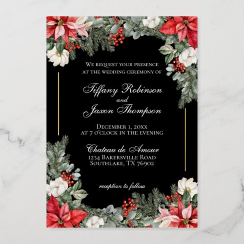 Christmas Black Floral Framed Real Foil Wedding Foil Invitation