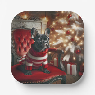Christmas Black French Bulldog On a Red Chair Paper Plates