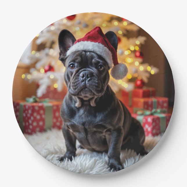 Christmas Black French Bulldog Paper Plates (Front)
