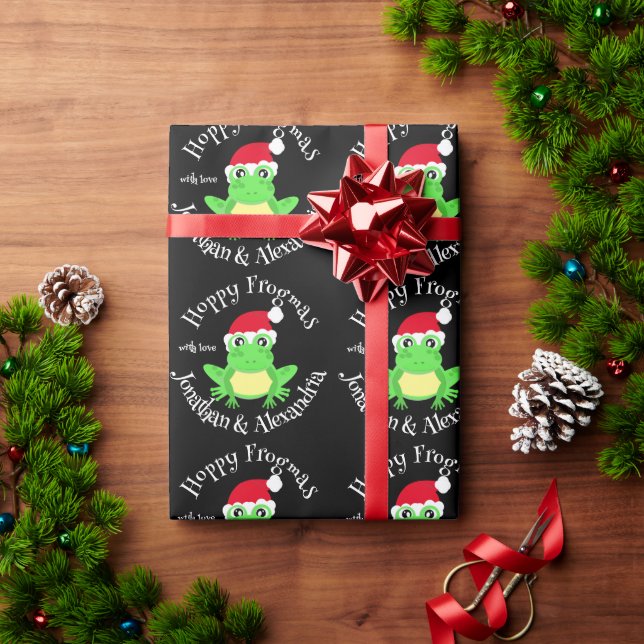 Christmas Black Frog Santa Hat Novelty Name Wrapping Paper (Holiday Gift)
