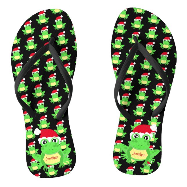 Christmas Black Frog Santa Hat Pattern Name Flip Flops (Footbed)
