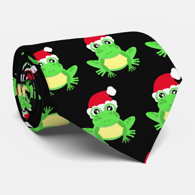 Christmas Black Frog Santa Hat Pattern Novelty  Neck Tie (Rolled)