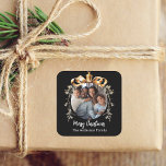 Christmas black gold bauble family photo square sticker<br><div class="desc">Black background. Personalize and add your own photo.  A golden Christmas tree bauble as frame. Add your family name.</div>