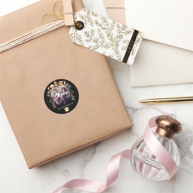 Christmas black gold bauble team photo logo classic round sticker (Gifting)