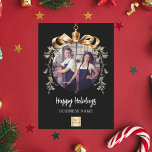 Christmas black gold bauble team photo logo holiday postcard<br><div class="desc">Elegant Custom Christmas Cards for Businesses Celebrate the season with our sophisticated black-background Christmas cards, designed especially for businesses. Personalize with your company’s photo and logo framed within a golden Christmas tree bauble for a festive, professional look. Add your business name and a custom greeting on the front, and include...</div>
