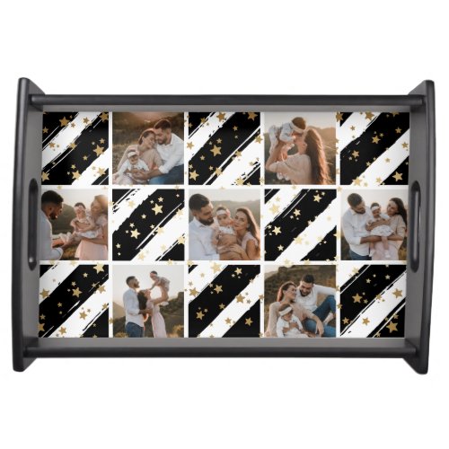 Christmas Black Gold Family Photo Collage Holiday Serving Tray