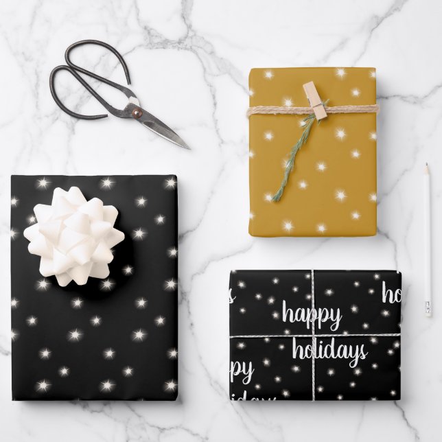 Christmas Black Gold HAPPY HOLIDAYS Script Lights Wrapping Paper Sheets (Front)