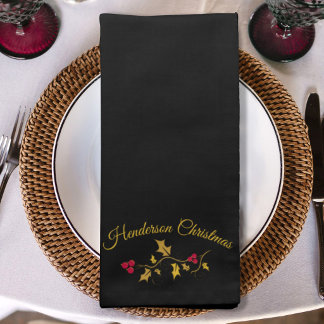 Christmas black gold holly red berry  cloth napkin