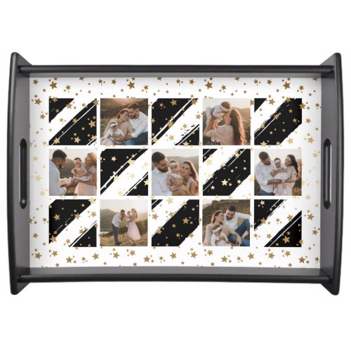 Christmas Black Gold Photo Collage Holiday Serving Tray