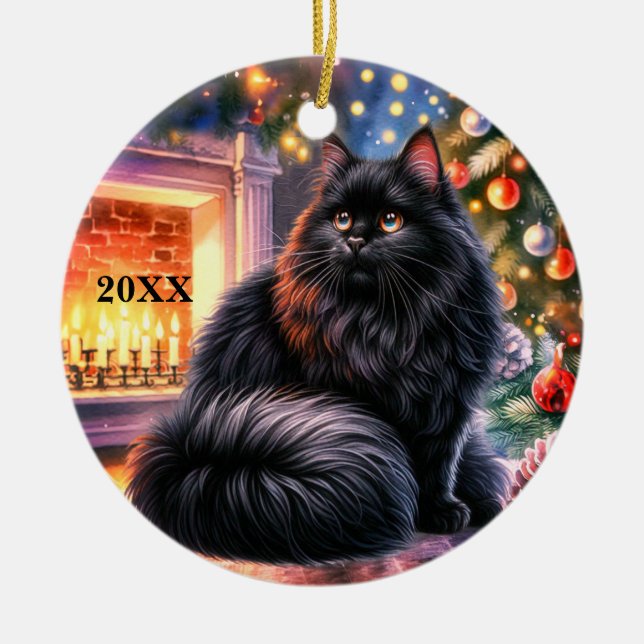 Christmas Black Kitten Customize Date Ornament (Front)