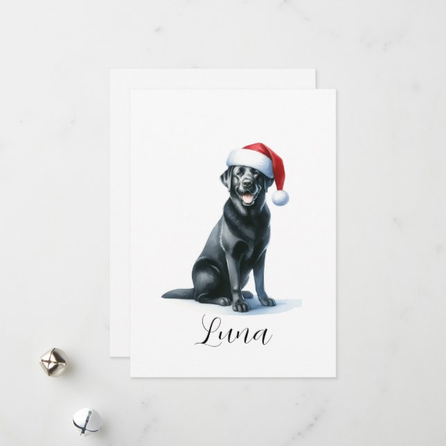 Christmas Black Lab Dog in Santa Hat Holiday Card (Front/Back In Situ)