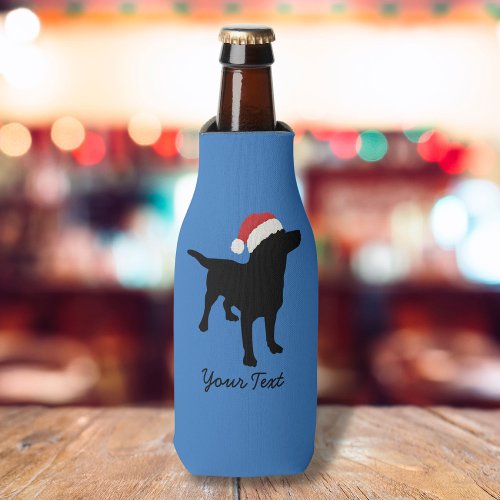Christmas Black Lab Dog wearing Santa Claus Hat Bottle Cooler