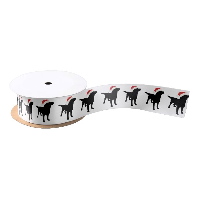 Christmas Black Lab Dog wearing Santa Claus Hat Satin Ribbon (Spool)