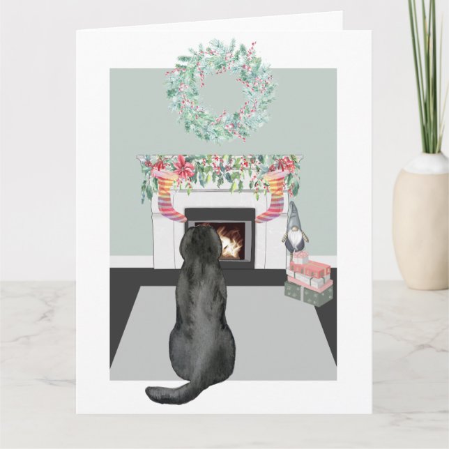 Christmas Black Labrador Dog Fireplace Scene Card (Front)