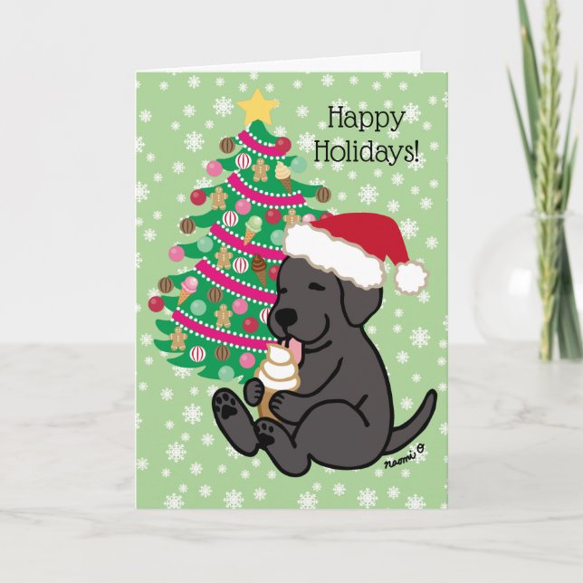 Christmas Black Labrador Ice Cream Licking Holiday Card (Front)