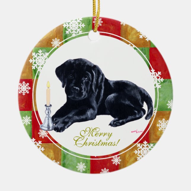 Christmas Black Labrador Puppy Mosaic Ceramic Ornament (Front)