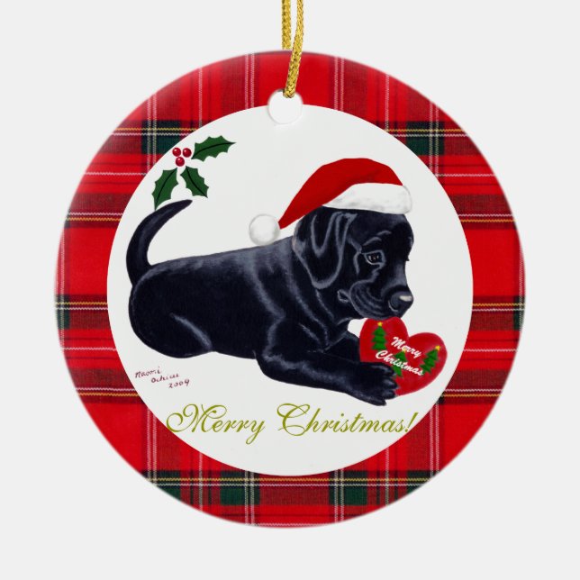 Christmas Black Labrador Puppy Santa Hat Ceramic Ornament (Front)