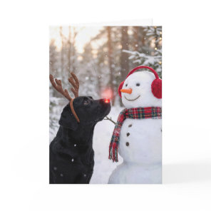 Christmas Black Labrador Retriever with Snowman Card