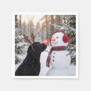 Christmas Black Labrador Retriever with Snowman Napkins