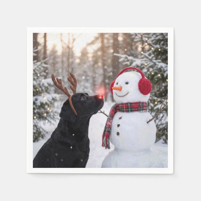 Christmas Black Labrador Retriever with Snowman Napkins (Front)