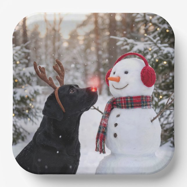 Christmas Black Labrador Retriever with Snowman Paper Plates (Front)