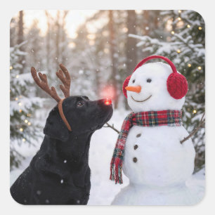 Christmas Black Labrador Retriever with Snowman Square Sticker