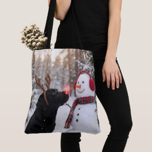 Christmas Black Labrador Retriever with Snowman Tote Bag