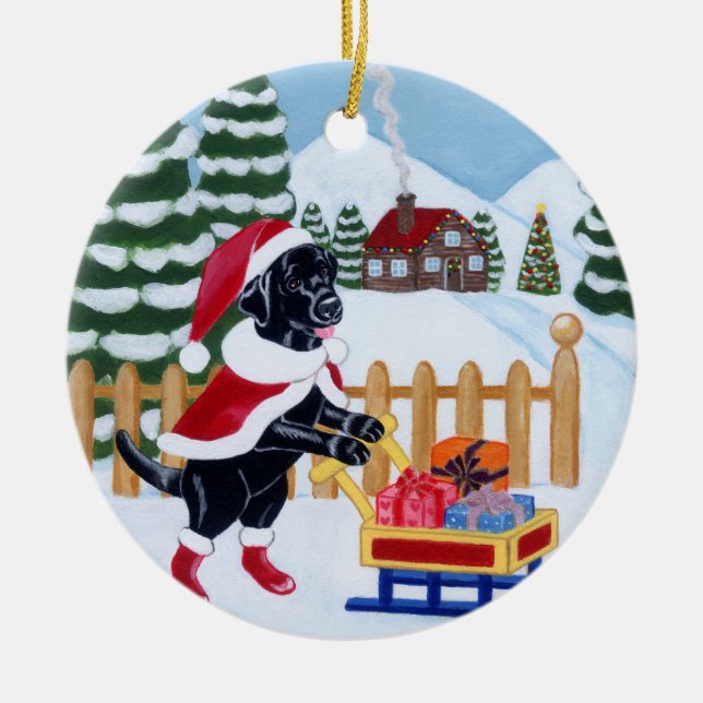 Christmas Black Labrador Santa Painting Ceramic Ornament (Front)