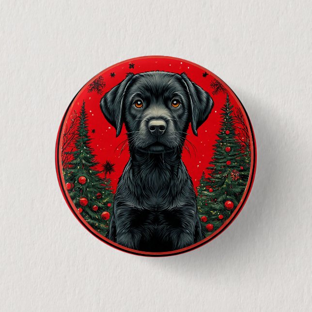 Christmas Black Labrador With Festive Trees Button (Front)