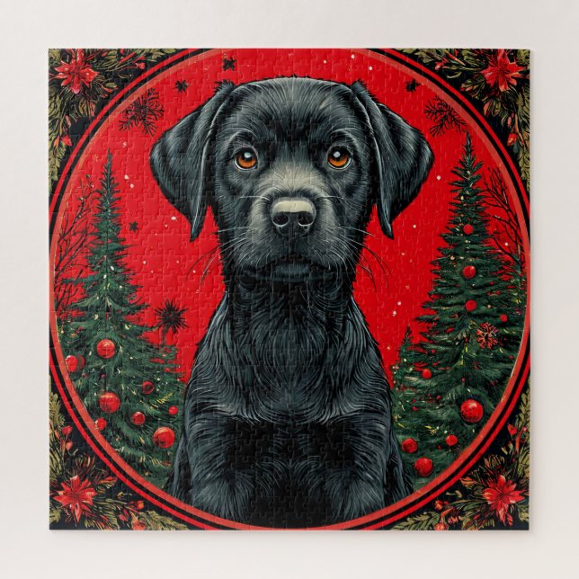 Christmas Black Labrador With Festive Trees Jigsaw Puzzle (Vertical)