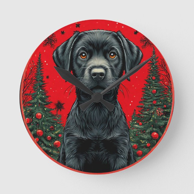 Christmas Black Labrador With Festive Trees Round Clock (Front)