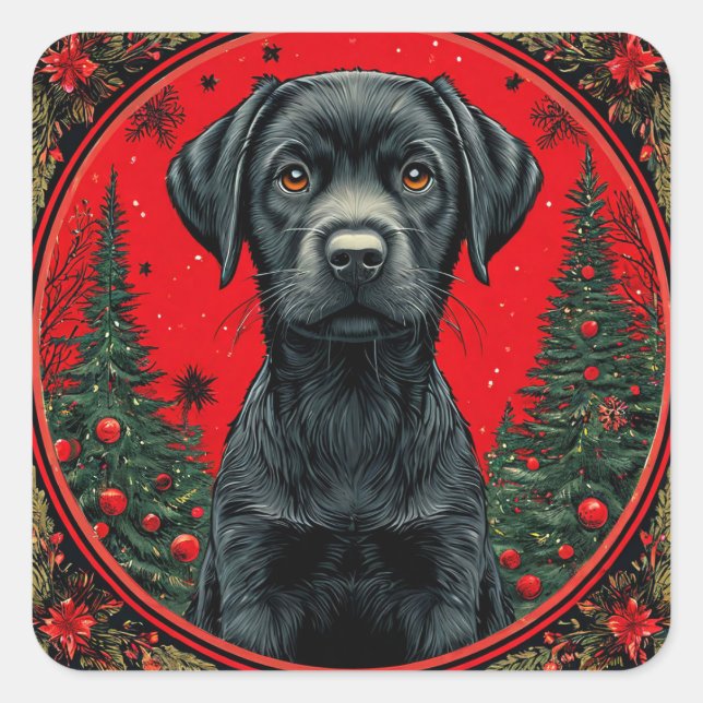 Christmas Black Labrador With Festive Trees Square Sticker (Front)