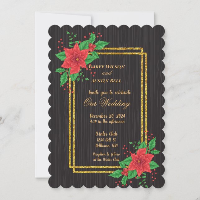 Christmas Black Poinsettia Gold Frame Wedding Invitation (Front)