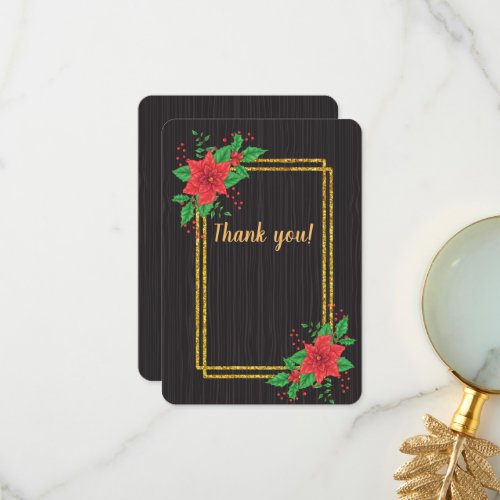 Christmas Black Poinsettia Gold Frame Wedding Thank You Card