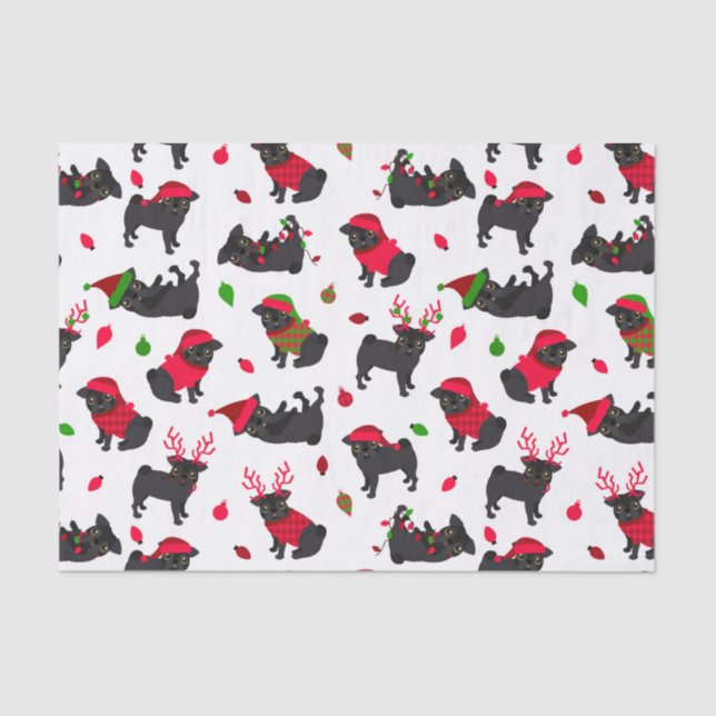 Christmas Black Pugs White Tissue Paper (Front)