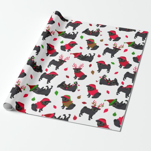 Christmas Black Pugs White Wrapping Paper